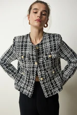 Happiness İstanbul Women's Black and White Stylish Buttoned Woven Tweed Jacket