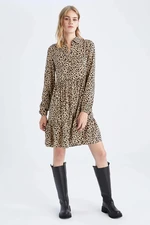 DEFACTO Shirt Collar Printed Viscose Mini Long Sleeve Dress