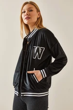 XHAN Black Ribbed Velvet Bomber Jacket