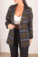 armonika Women's Navy Blue Collar Detailed Plaid Oversize Cachet Jacket