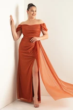 Lafaba Women's Tile Bateau Neck Draped Long Glittery Evening Dress with a Slit.