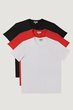 AC&Co / Altınyıldız Classics Men's White-red-black Slim Fit Narrow Cut Crew Neck Pack of 3 100% Cotton T-Shirts