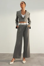 Trendyol Gray Premium Wide Leg Belt Detail Woven Trousers