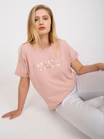 Prašně růžové bavlněné tričko plus size velikosti s potiskem