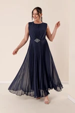 By Saygı Buckled Waist, Pleats and Lined Uniforms. Navy Blue Chiffon Long Dress