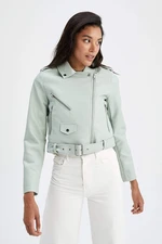 DEFACTO Water Repellent Relax Fit Faux Leather Crop Biker Jacket With Belt