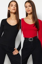 Trendyol Black-Red 2-Pack V-Neck Fitted Cotton Stretchy Knitted Blouse