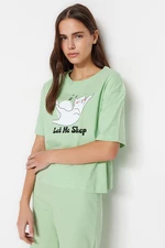Trendyol Světle Zelené 100% Bavlněné Pyžamo s Potiskem Zvířat - Tričko a Kalhoty