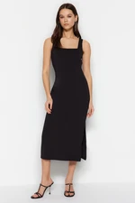 Trendyol Black Square Neck Slit Detailed Fitted Midi Smart Knitted Dress