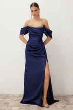 Trendyol Navy Blue Low Sleeve Stone Accessory Detailed Long Woven Elegant Evening Dress