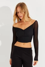Cool & Sexy Women's Black Sleeve Tulle Crop Blouse CG315