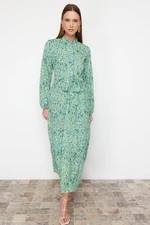 Trendyol Emerald Green Patterned Belted Stand Collar Lined Chiffon Woven Dress