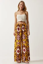 Happiness İstanbul Women's Mustard Patterned Raw Linen Palazzo Trousers