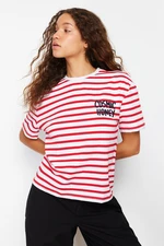 Trendyol Red Striped Slogan Embroidery Detailed Relaxed/Comfortable Cut Knitted T-Shirt