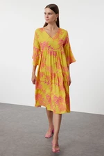 Trendyol Yellow Floral Patterned Wide Cut V-Neck Woven Dress