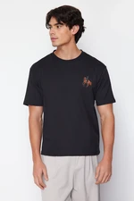 Trendyol Black Oversize/Wide Cut Horse/Animal Embroidered Short Sleeve 100% Cotton T-Shirt