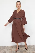 Trendyol Brown Belted A-line Double Breasted Collar Aerobin Midi Woven Dress