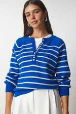 Happiness İstanbul Women's Blue Ecru Buttoned Collar Knitwear Sweater