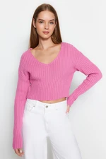 Trendyol Pink Crop Basic V-Neck Knitwear Sweater