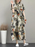 Flower Print Knotted Pocket Button Short Sleeve Lapel Dress