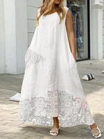 Lace Patchwork Pocket Round Neck Sleeveless Maxi Dress