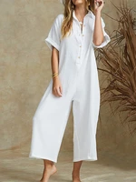 Women Solid Color V-neck Short Sleeve Cotton Jumpsuit Overalls For Women