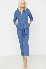 Trendyol Navy Blue Belted Weave Long Shirt Collar Jumpsuit