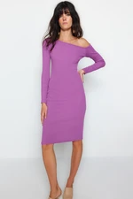 Trendyol Purple Ribbed Off-the-Shoulder Fitted/Sleek Midi, Flexible Knit Dress