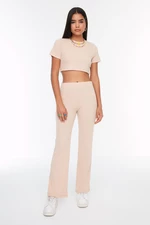 Trendyol Beige Crop Crew Neck Ribbed Stretchy Knitted Blouse and Trousers Top and Bottom Set