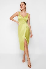 Trendyol Oil Green Satin Draped Wrapover Dress