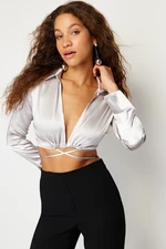 Trendyol Silver Crop Tie Detail Satin Woven Blouse