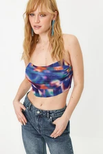 Trendyol Blue-Multicolored Floral Printed Knitted Tulle Bustier