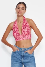 Trendyol Pink Printed Barter Fitted Super Crop Stretch Knit Blouse