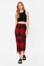 Trendyol Red Printed Wrinkled Look Elastic Waist Lined Tulle Maxi Stretch Knitted Skirt