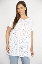 Şans Women's White Plus Size Hole Fabric V-Neck Short Sleeve Blouse