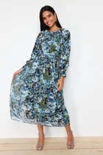 Trendyol Black Blue Floral Sash Detailed Woven Dress