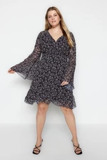 Trendyol Curve Black Plus Size Heart Patterned Double Breasted Neck Gimped Lined Woven Chiffon Dress