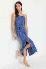 Trendyol Indigo Belted Straight Cut Slit Detailed Midi Woven Dress