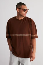 Trendyol Brown Oversize/Wide Cut Embroidered 100% Cotton T-Shirt