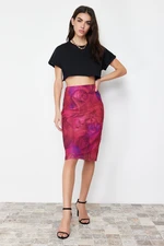 Trendyol Premium Fuchsia Printed Tulle High Waist Lined Midi Knitted Skirt