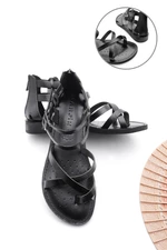 Marjin Women's Genuine Leather Lightweight Eva Sole Flip-Flops Daily Sandals Zelos black.