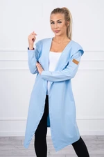 Long cardigan with a hood of cyan color