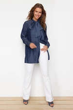 Trendyol Blue Denim Modest Oversize Shirt with Tie Detail