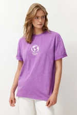 Trendyol Purple 100% Cotton Printed Washed Oversize/Wide Fit Crew Neck Knitted T-Shirt