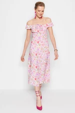 Trendyol Purple Floral Pattern A-line Carmen Collar Form Midi Woven Dress