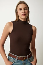 Happiness İstanbul Women's Dark Brown Turtleneck Cotton Knitted Blouse