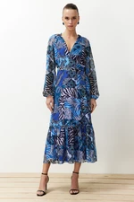 Trendyol Blue Belted Ethnic Patterned Skirt Flounced Lined Midi Woven Dress