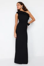 Trendyol Black Lined Flounce Woven Long Evening Dress