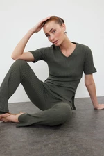 Trendyol Khaki Regular/Normal Fit V-Neck Short Sleeve Ribbed Flexible Knitted Bottom-Top Set