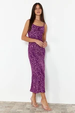 Trendyol Purple Animal Patterned Body-hugging Cowl Neck Viscose Midi Strappy Woven Midi Dress